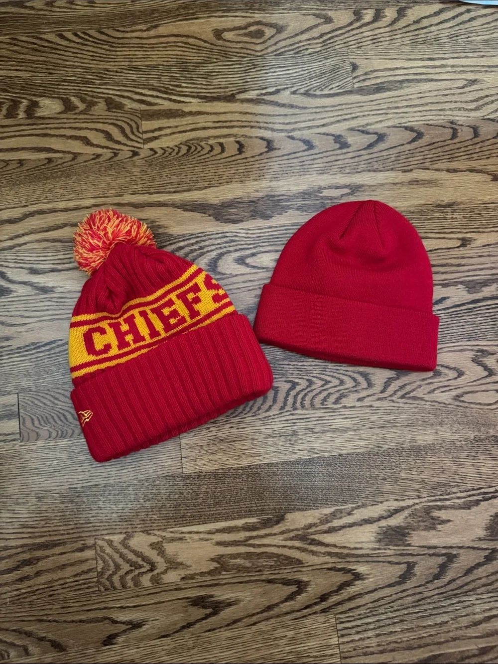 New Era Red and Yellow Knit Pom Beanie + Red Cuffed KC Beanie
